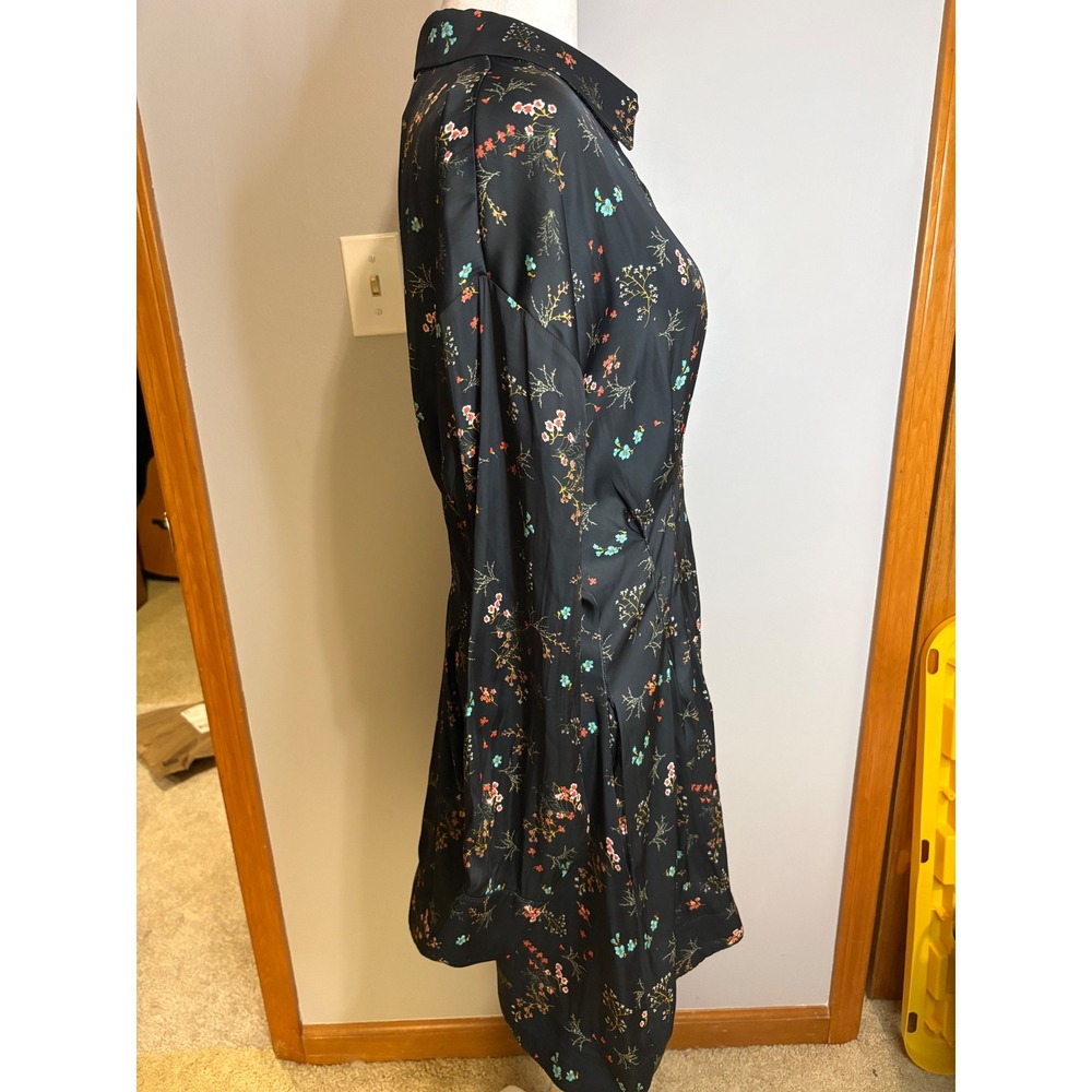Exquise Anthropologie Floral Shirt Dress Black Satin Pleated Mini Pockets Size M - Picture 5 of 12